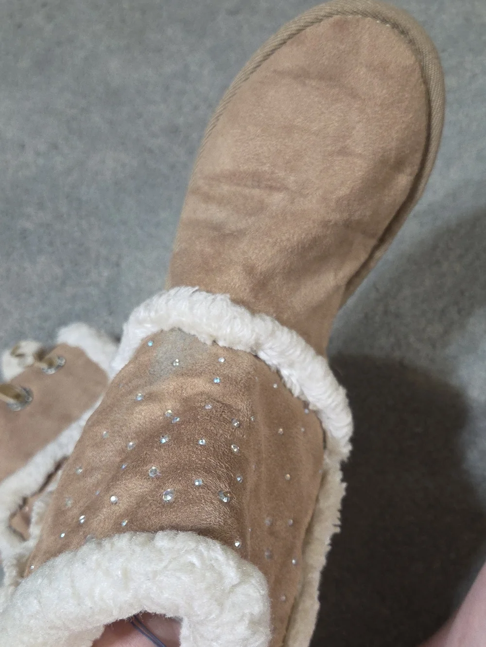 Justice Rhinestone Girls Tan Faux-Shearling Winter Boots with Pom-Pom Ties 8